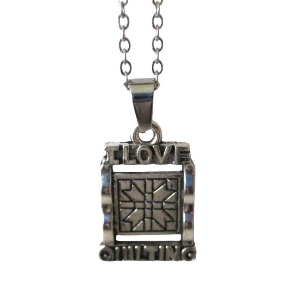 New "I Love Quilting" Pendant Necklace With Quilt Design Quilter Jewelry Gift